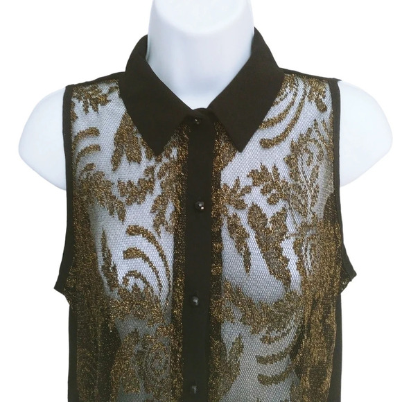 Sheer Black and Gold Sleeveless Button Down Blouse S - Picture 2 of 6